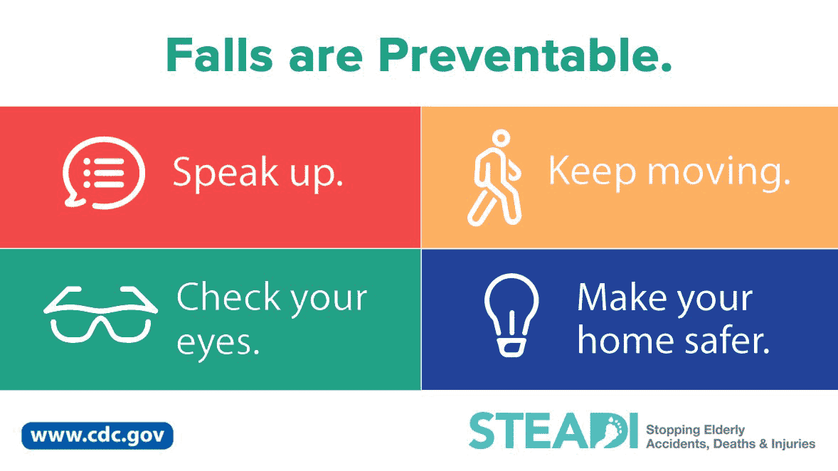 Falls are preventable. Speak up, keep moving, check your eyes, and make your home safer.